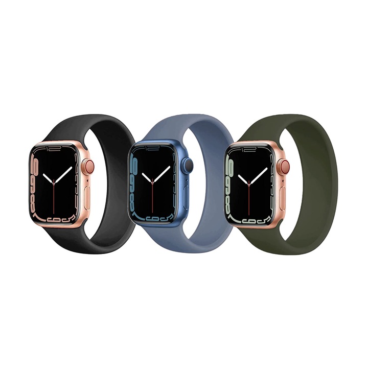 Pachet 3 Bucati Curea de Silicon Compatibil cu Apple Watch 2, 3, 4, 5, 6, 7, SE, 42MM, 44MM, 45MM, M, Solo Loop, Negru, Albastru, Verde