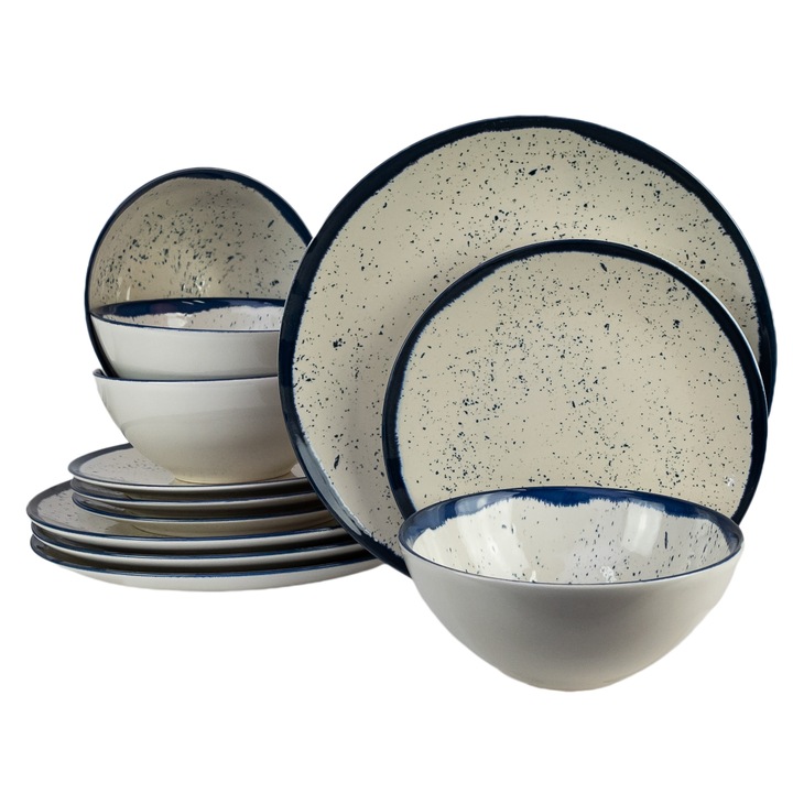 Set Complet Serviciu De Masa, Drachenfrucht, 12 piese, German Quality, Crem cu albastru