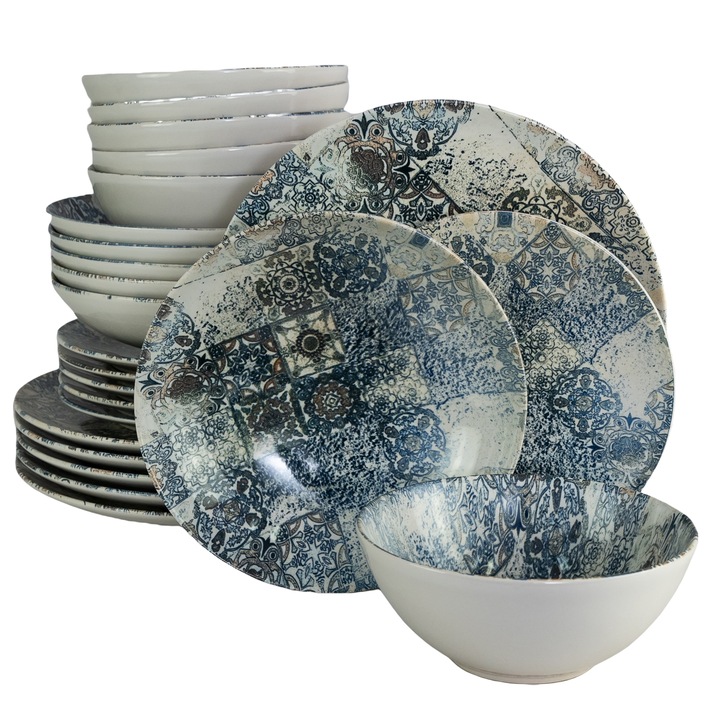 Set farfurii 24 piese, pentru 6 persoane, Blue Tiles, Cesiro, Alb Ivoire/Albastru