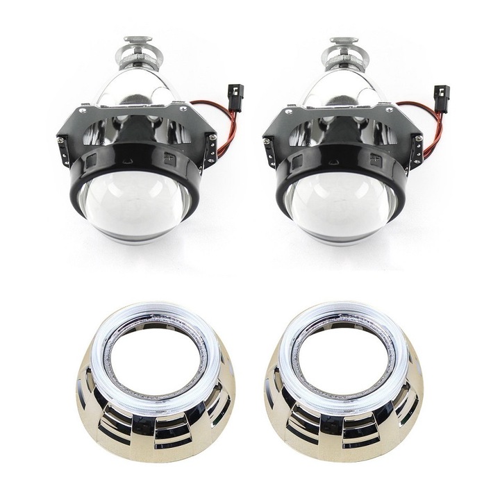 Set 2 lupe Bifazice Bixenon Biled cu angel eyes Mini H1 3 inch, lungime 12cm, universale cu ornamente cromate Z113 incluse