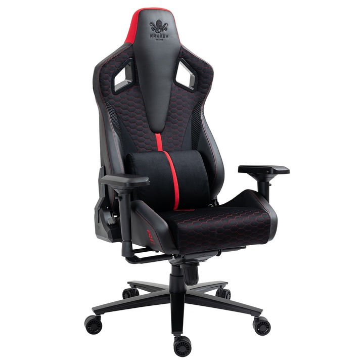 Scaun gaming Apollo, Kraken, Piele ecologica, 150kg, Negru/Rosu