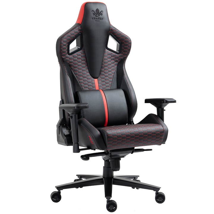 Scaun gaming, Apollo, Kraken, Piele ecologica, 150kg, Negru/Rosu