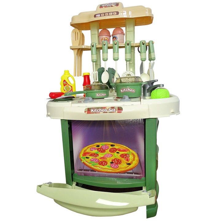 Set Bucatarie Multifunctionala, Verde/Alb, cu lumini si sunete, 29 piese, Salamandra Kids