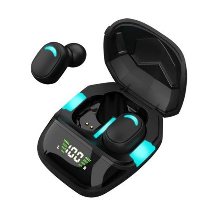 TWS vezeték nélküli fejhallgató, Bluetooth 5.0, játék fejhallgató, LED kijelző, külső akkumulátor, fekete
