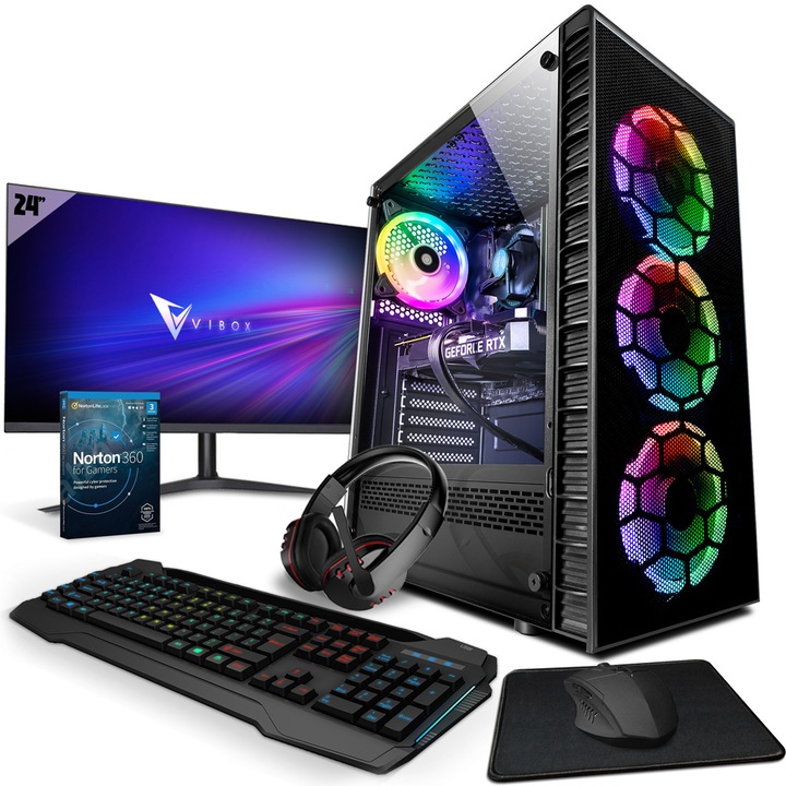 Pachet Sistem Desktop PC Gaming Vibox III 2, Intel i7 10700F, 4.8 GHz, AMD Radeon RX 6500 XT, 4 GB, 16 GB RAM, 240 GB SSD, 1 TB Hard Drive, Windows 11, Negru