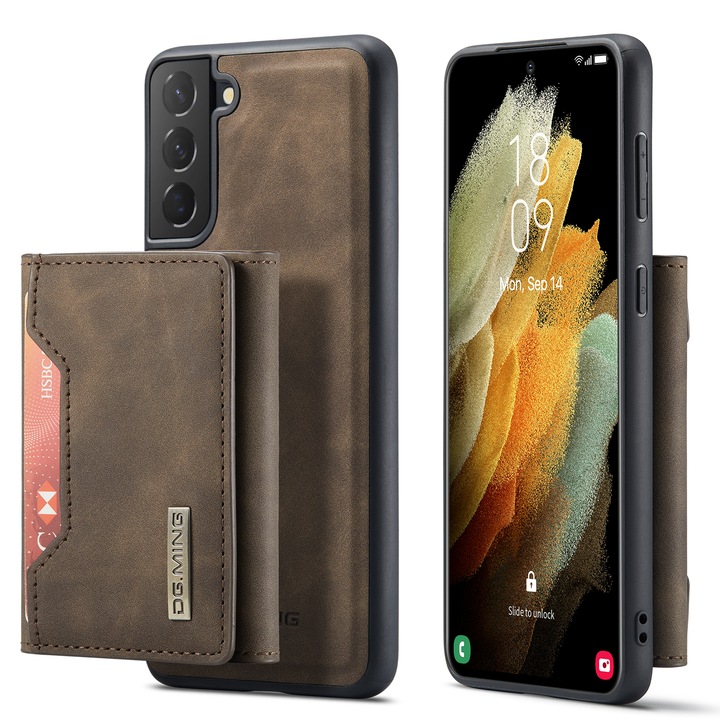 Samsung Galaxy S21 Plus CaseMe tok, Finom textúrájú bőr borítás, back cover típus, kivehető pénztárca zsebekkel bankjegyek és kártyák számára, állvány funkció, Kávébarna