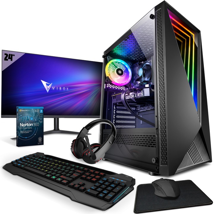 Pachet Sistem Desktop PC Gaming Vibox III 8, Intel i7 10700F 4.8 GHz, AMD Radeon RX 6500 XT 4 GB, 16 GB RAM, 240 GB SSD, 1 TB Hard Drive, Windows 11, Negru