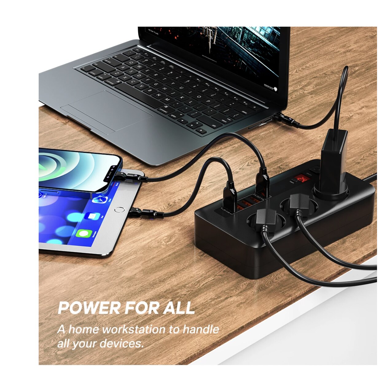 Зарядно устройство и контакт 2500W с 5 USB-A порта, бързо зареждане 10A ...
