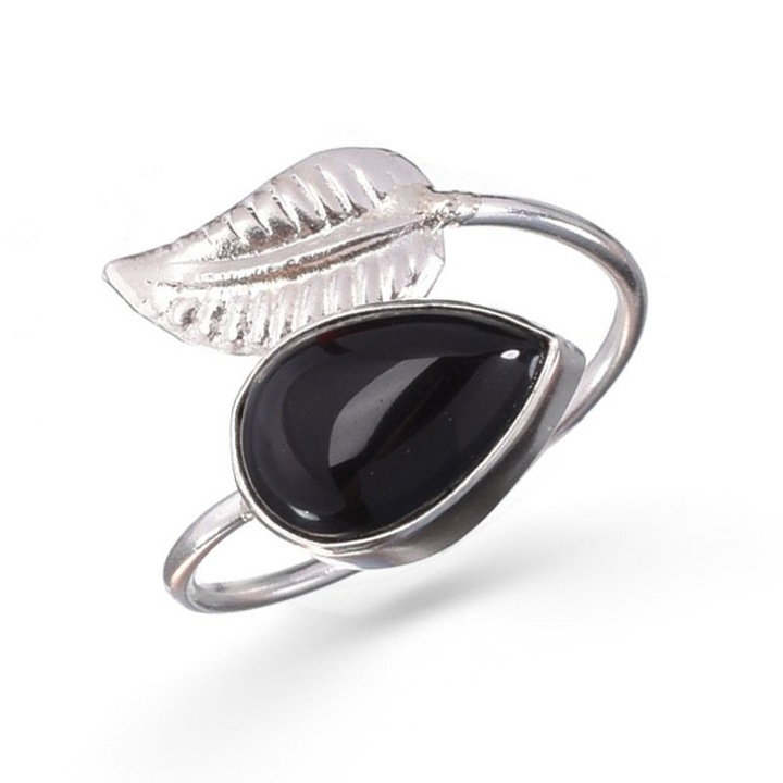 Inel argint reglabil Frunza cu piatra onix negru