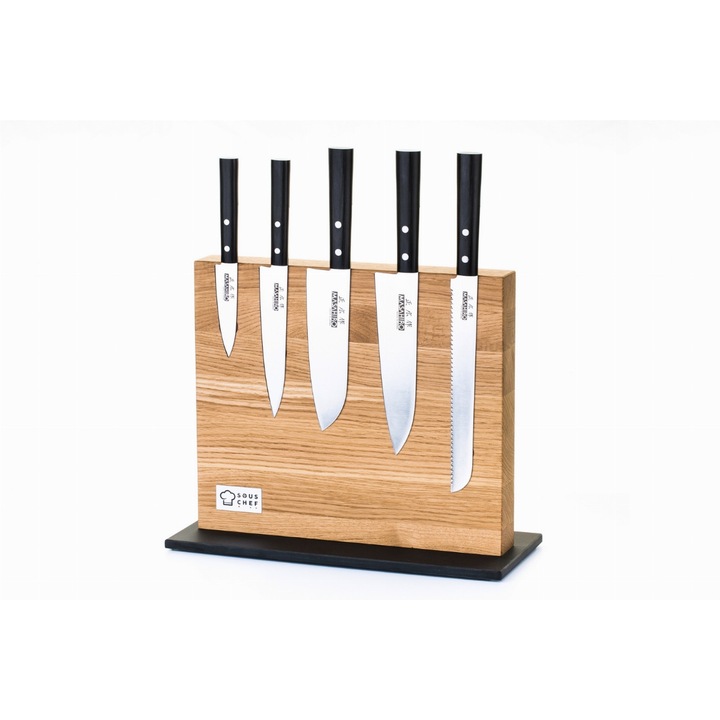 Set 5 cutite Masahiro, Cu suport, Otel inoxidabil, Lemn, Argintiu, Negru, Maro