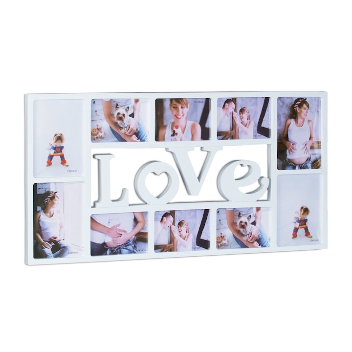 Rama foto tip colaj 10 imagini, love, 36,5 x 72 x 2 cm, alb, Relaxdays