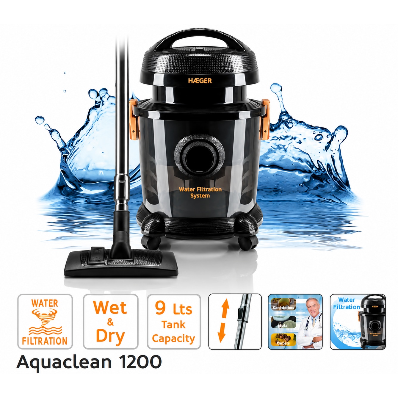 Aspirator Cu Filtrare Prin Apa HAEGER AQUACLEAN VC-12W.044A, Putere 1200 W, Capacitate 9 Litri, Tub Telescopic Metalic, Negru