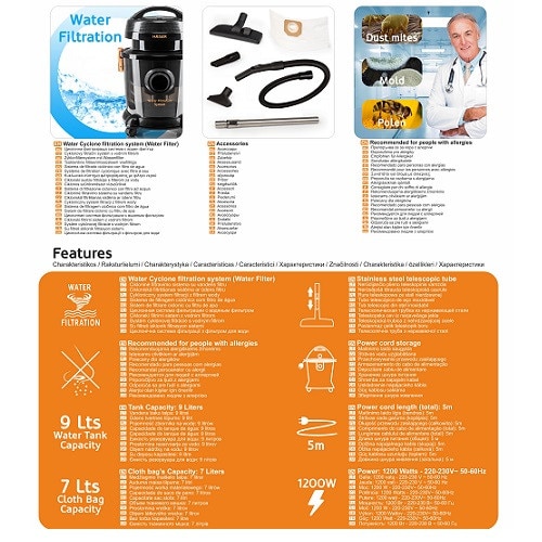 Aspirator Cu Filtrare Prin Apa HAEGER AQUACLEAN VC-12W.044A, Putere 1200 W, Capacitate 9 Litri, Tub Telescopic Metalic, Negru