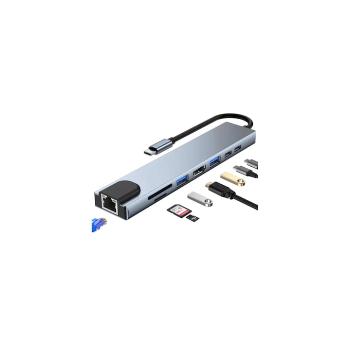 Hub 8n1, Rohs, USB/HDMI/SD/TF/RJ45, Argintiu