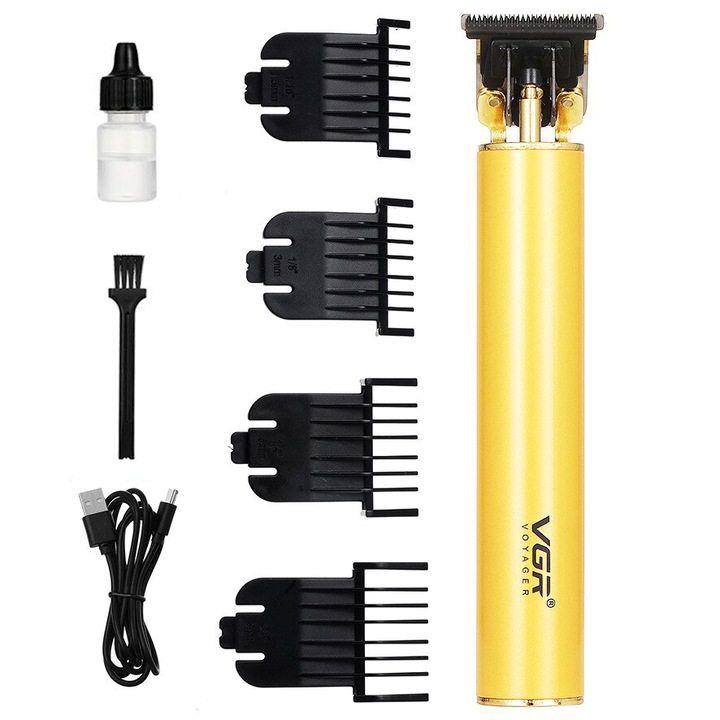 Aparat de tuns si barbierit reincarcabil cu LED, T blade, fara fir, lama otel, auriu, VGR V225