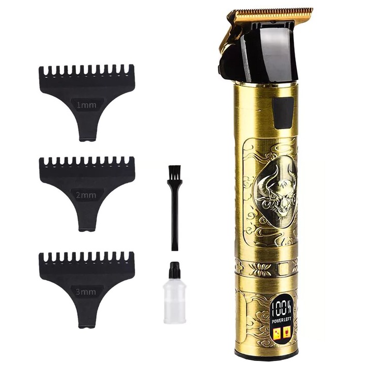 Aparat de tuns si barbierit reincarcabil cu LED, T blade, fara fir, lama otel, auriu