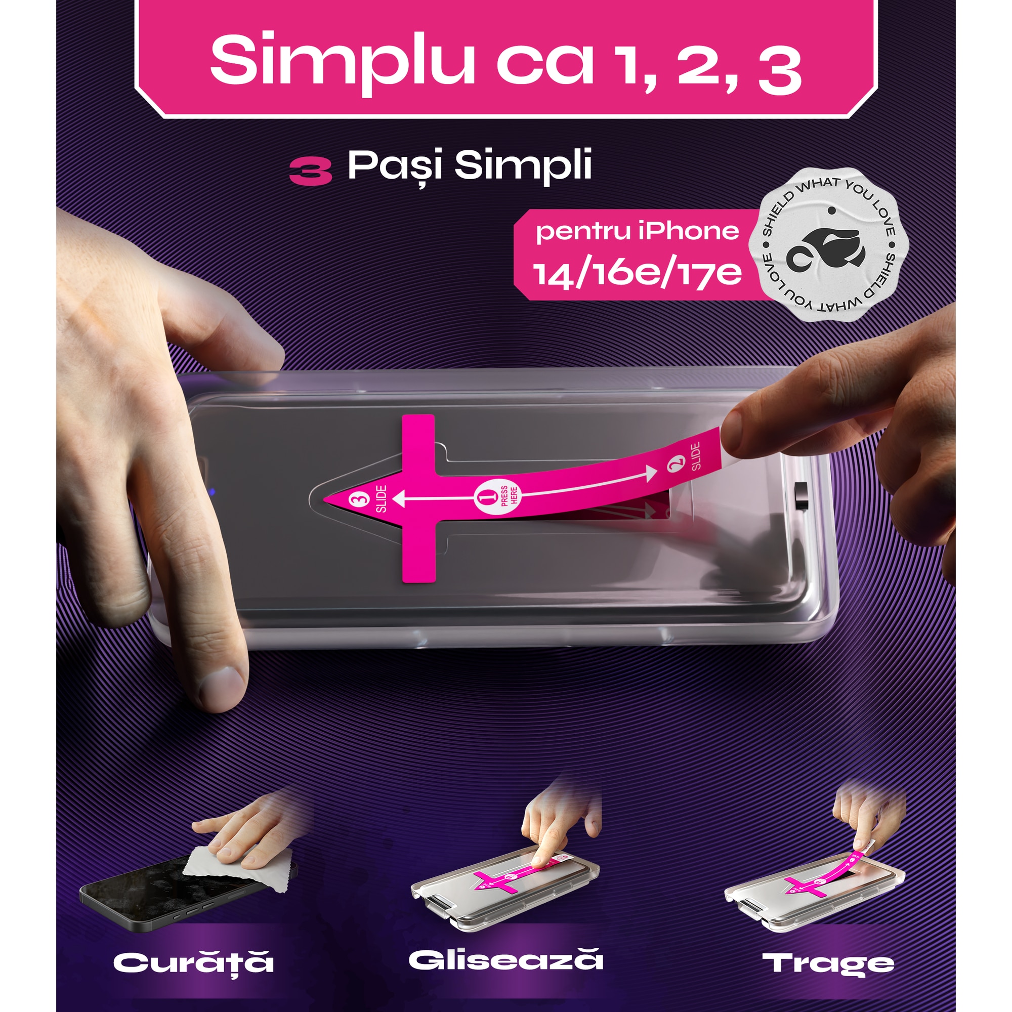 Set 2 Folii sticla compatibil cu iPhone 14 / 16e / 17e, DefenSlim, instalare usoara si rapida cu dispozitiv de potrivire automata in 30 sec cu Easy Install Kit patentat, protectie telefon