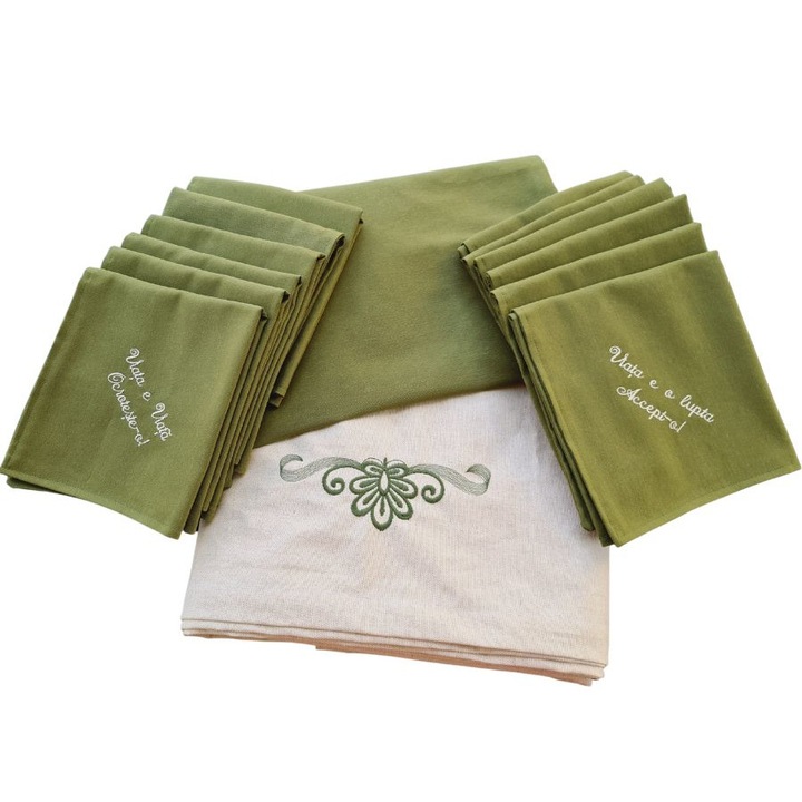Set fata de masa brodata, 12 servetele brodate si traversa, bumbac, 175 X 250 cm