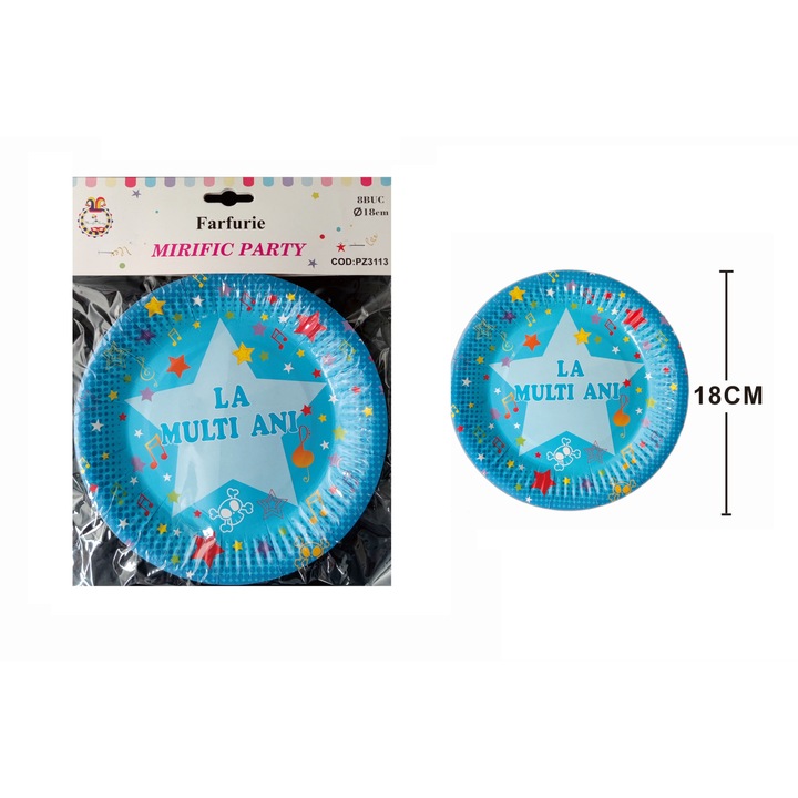 8db party tányér készlet, Boldog születésnapot, csillag, 18 cm