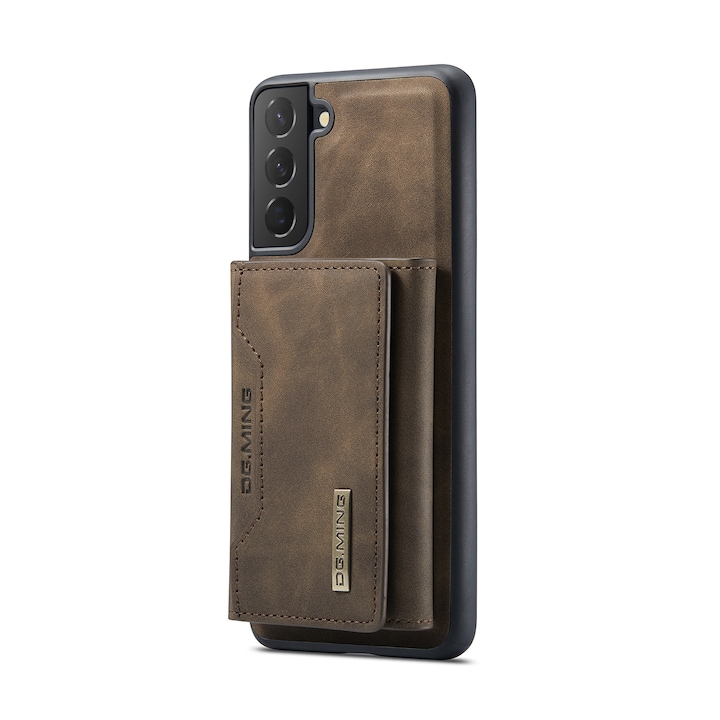 Husa pentru Samsung Galaxy S21 piele cu textura fina, back cover, portofel detasabil cu buzunare pentru bancnote si carduri, functie stand, CaseMe, Maro coffee