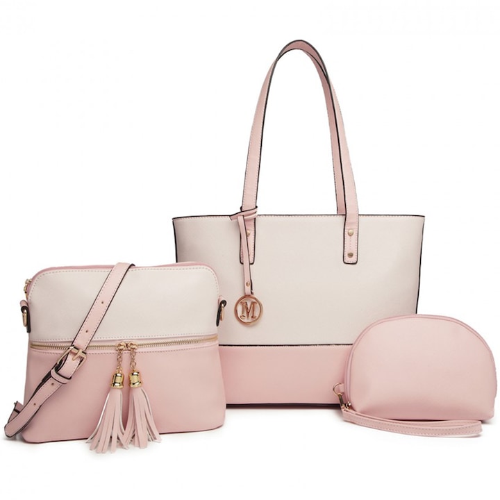 Női táskakészlet 3 darabból, ökológiai bőrből Miss Lulu LG2023PKBG Pink Beige
