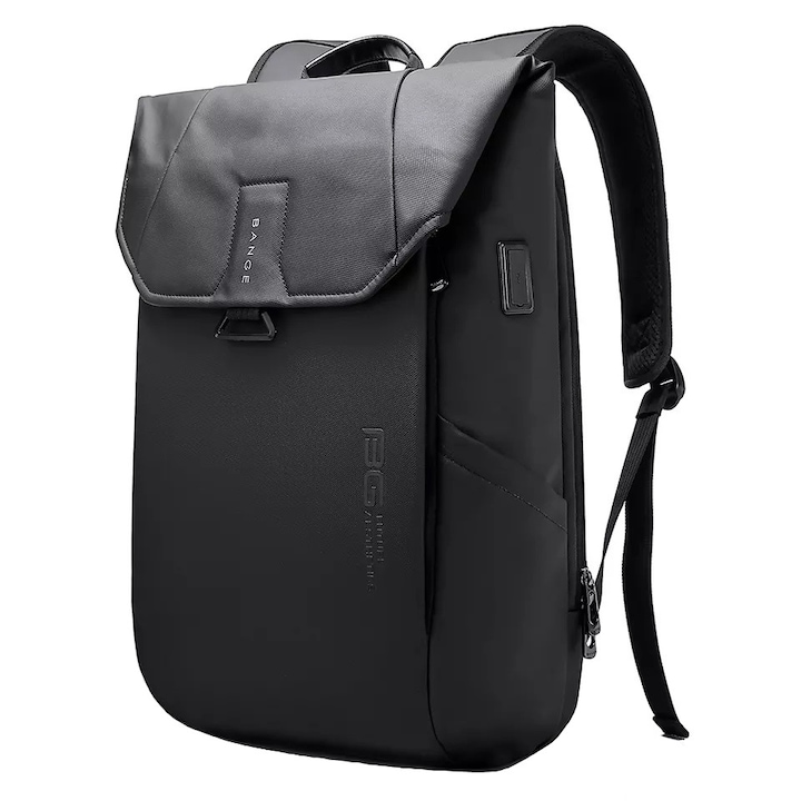 Rucsac laptop 15.6", smart casual, design pelerin, unisex, cu port USB, BANGE, 46x30x19 cm, Negru