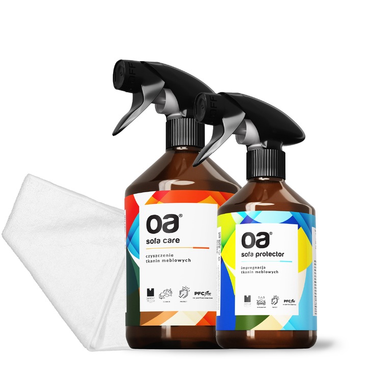 3 db Oa termékből álló készlet kárpitszövetek ápolásához mikroszálas kendővel