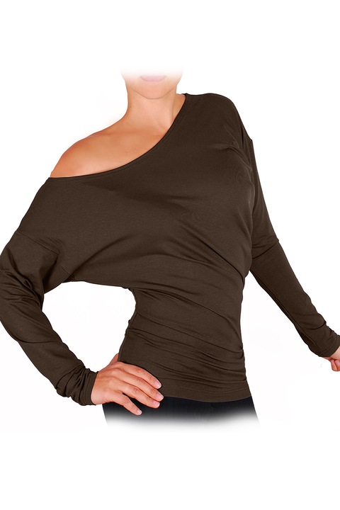 Дамска блуза Ivanel Асиметрична с голо рамо, Дълъг ръкав, Тъмнокафяв