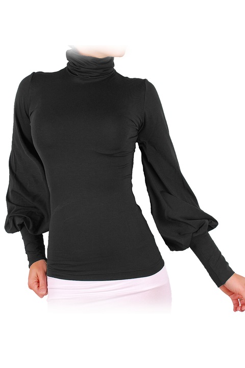 Дамска блуза Ivanel Роко-Бароко с поло, Дълъг ръкав, Матово черно