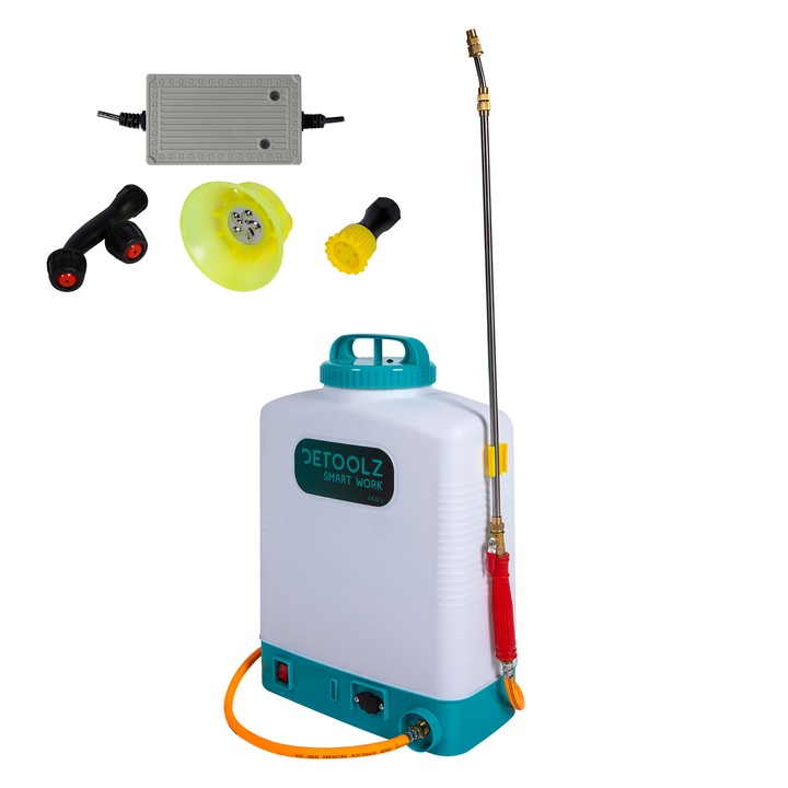 Pompa de stropit cu acumulator Detoolz cu furtun de presiune, 16 litri, baterie 8 Ah, 6.2 Kg, lance de 60 cm