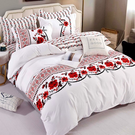 Set lenjerie de pat cu 2 fete, bumbac finet, 6 piese, pat 2 persoane, 200x210 cm, alb/rosu, traditional flori, FNJ-329