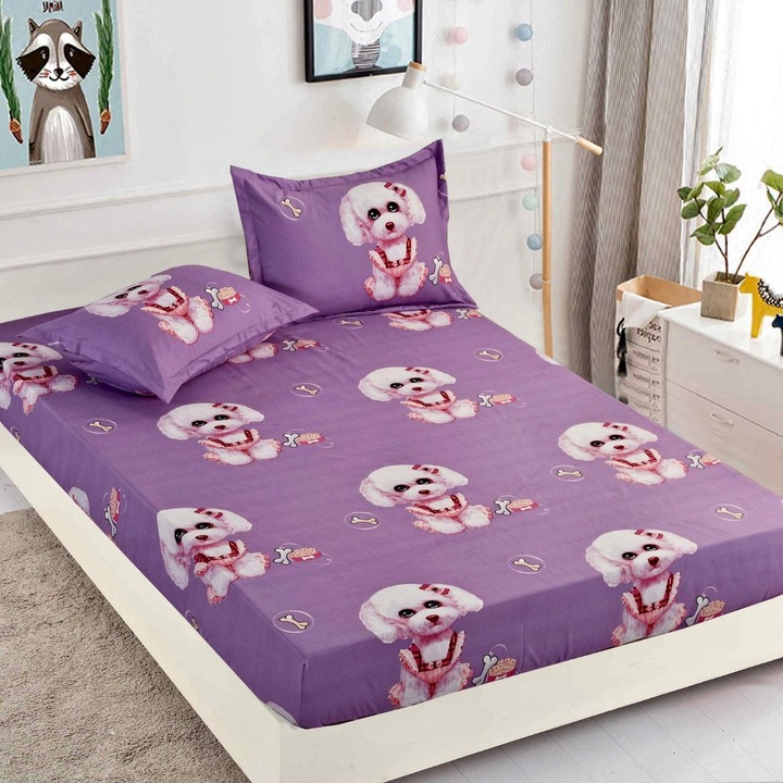 Комплект спално бельо с ластик и 2 чаршафа, фин памук, 6 части, двойно легло, 200x210 см, лилав, Кучета, HBF-202