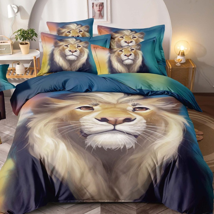 Еластично спално бельо с 3D принт, 4 части, фин памук, 1 човек, синьо бежово, Цар Лъв, FNJ1-149