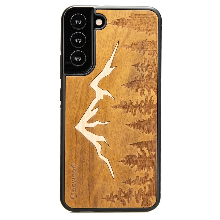 Husa protectie pentru Samsung Galaxy S22 Plus, Bewood, Lemn/Silicon/Policarbonat, Model munte, Maro deschis