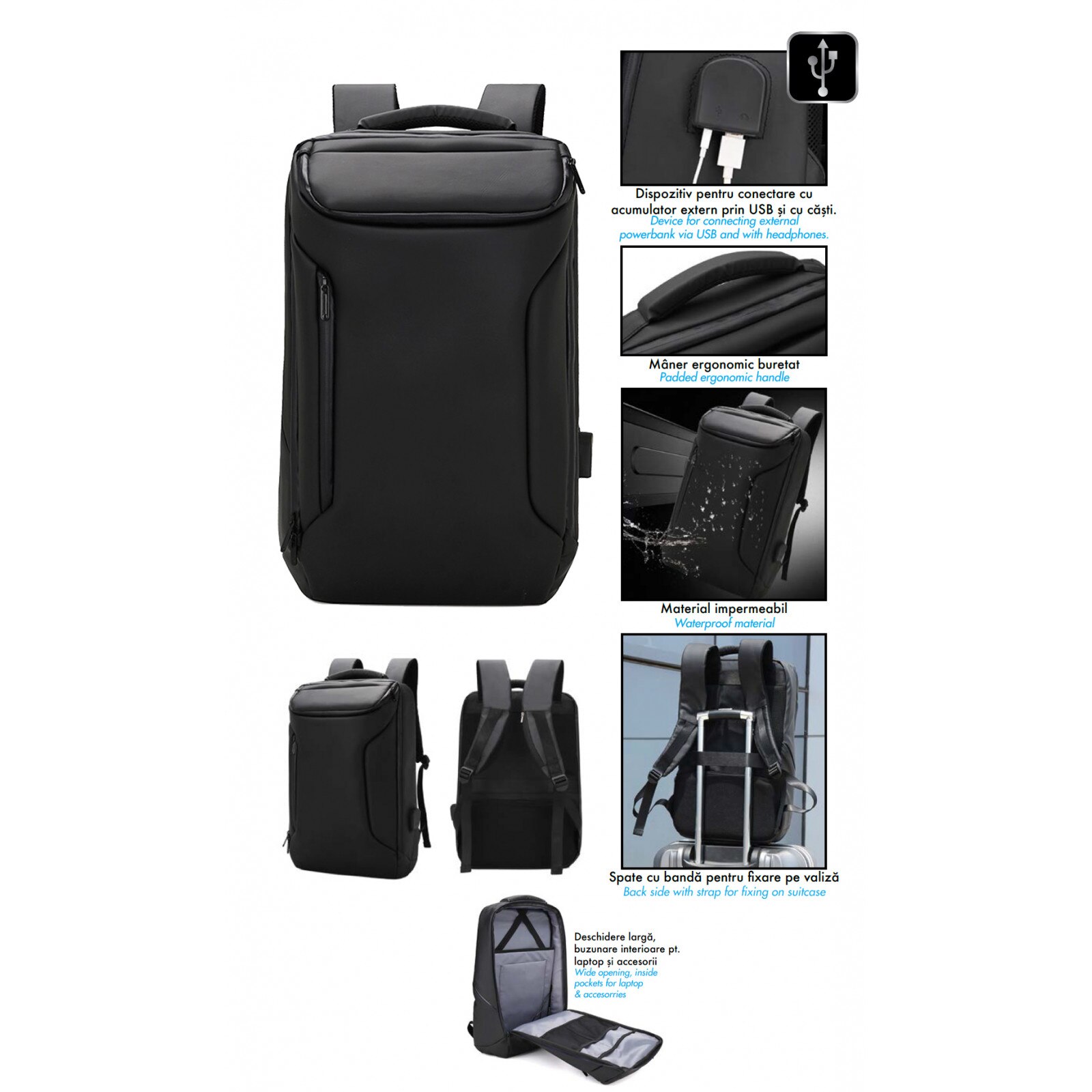 Rucsac pentru laptop, 3 fermoare, 48x30x12cm, usb, Black It M