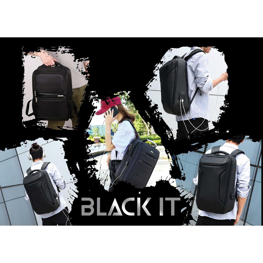 Rucsac pentru laptop, 3 fermoare, 48x30x12cm, usb, Black It M