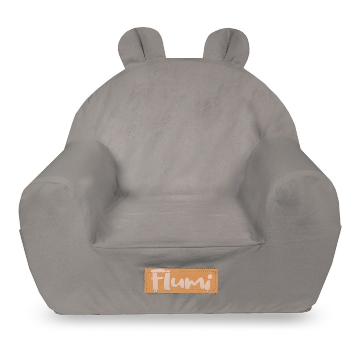 Fotoliu copii din spuma, mikrofaza, cu urechi, husa detasabila si lavabila, fotoliu bebelusi, gri, Flumi