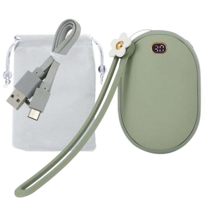 Incalzitor de maini Ideas4Comfort, powerbank 10000mAh, incarcare USB, 2 trepte incalzire 45 si 55 grade, verde
