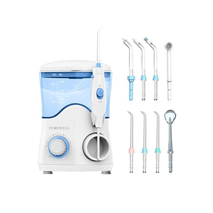 Irigator bucal si oral profesional, 8 capete interschimbabile, duza cu jet rotativ la 360°, 600 ml, 10 setari presiune, alb