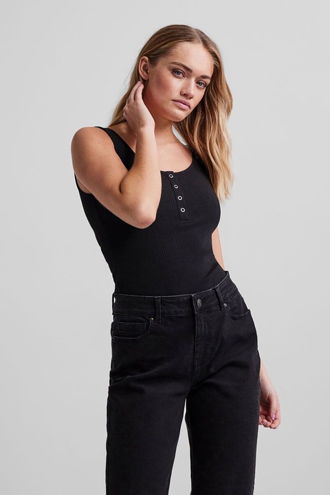 Pieces, Танк топ с органичен памук с деколте Henley, Черен