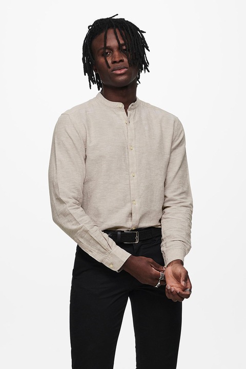 Only & Sons, Szűk fazonú lentartalmú ing mao gallérral, Drapp