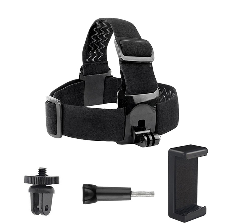 Универсална стойка за глава 1Tech GP-02, Съвместима с всички модели екшън камери, Щипка за монтаж на смартфон, Черен