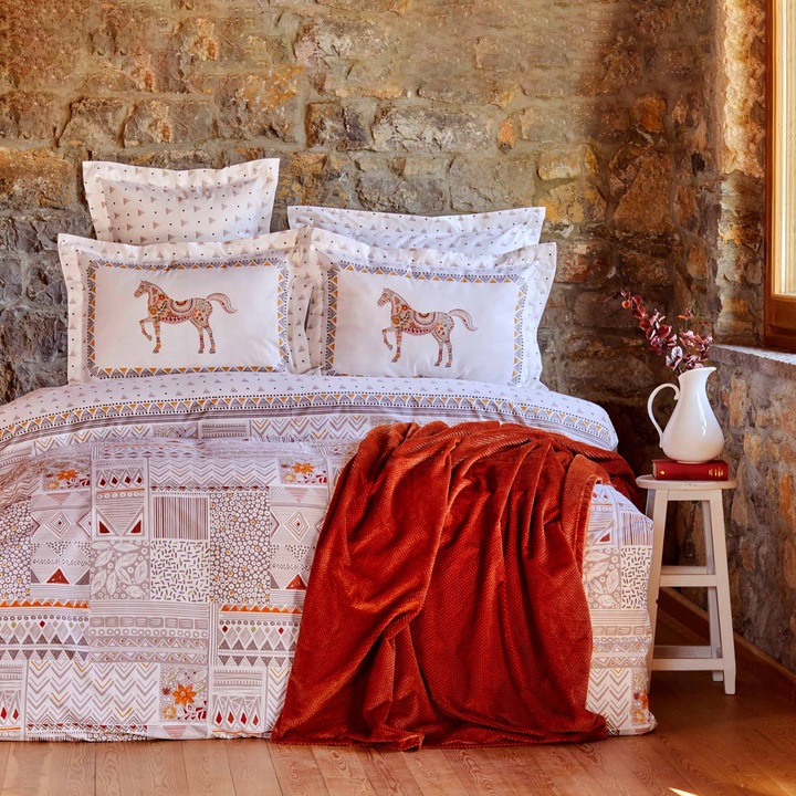 Lenjerie de pat pentru 2 persoane cu cuvertura asortata Karaca Home, Halig, 5 piese, Bumbac, Multicolor