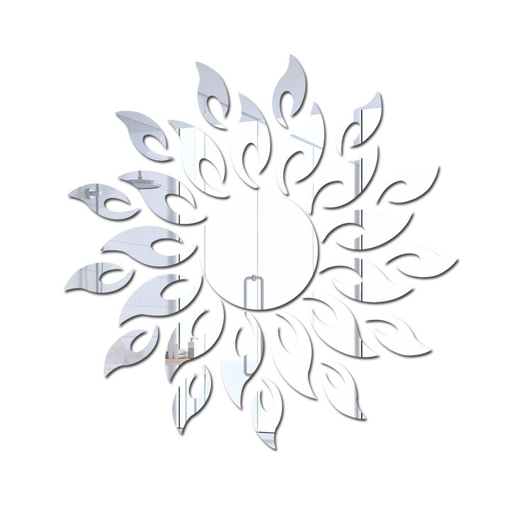 Комплект от 27 PVC акрилни огледала, Самозалепващи се за декорация на стена, Слънце с 26 лъча, сСребрист