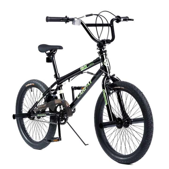 Bicicleta BMX de Sarituri cu Roti de 20", Frane Pivot dual, Ghidon 360, Peguri, 1 Viteza, negru/verde, Carpat Jumper pentru Tineri