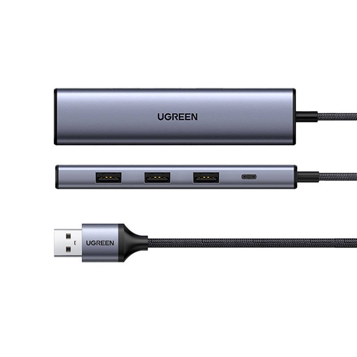 Хъб 5 в 1 адаптер UGREEN CM473, USB - 4x USB 3.0, 1x USB-C, 20 см, Сив