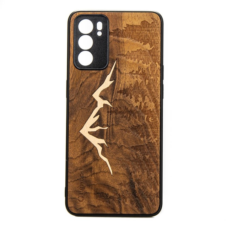 Husa protectie OPPO Reno 6 5G, Bewood, Lemn/Silicon/Policarbonat, Model munte, Maro