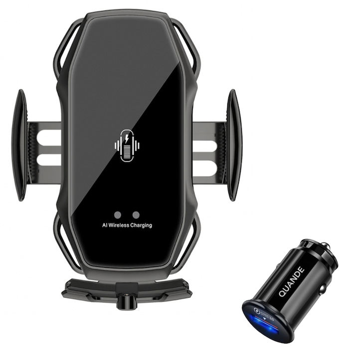 Комплект от 2 бр. зарядно за кола QUANDE, Smart wireless Fast Charger 15W, Адаптер за кола 18W, 3.0, Универсален