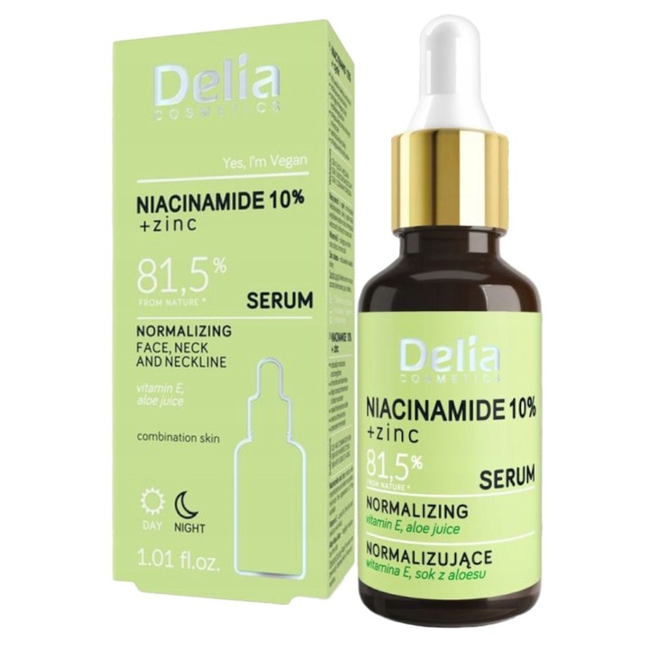 Серум за лице и шия Delia Cosmetics, С ниацинамид и цинк, 30 ml