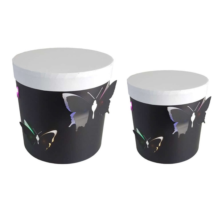 Комплект от 2 кръгли кутии с пеперуди и LED светлини, картон, Createur, черни, 19x19 см